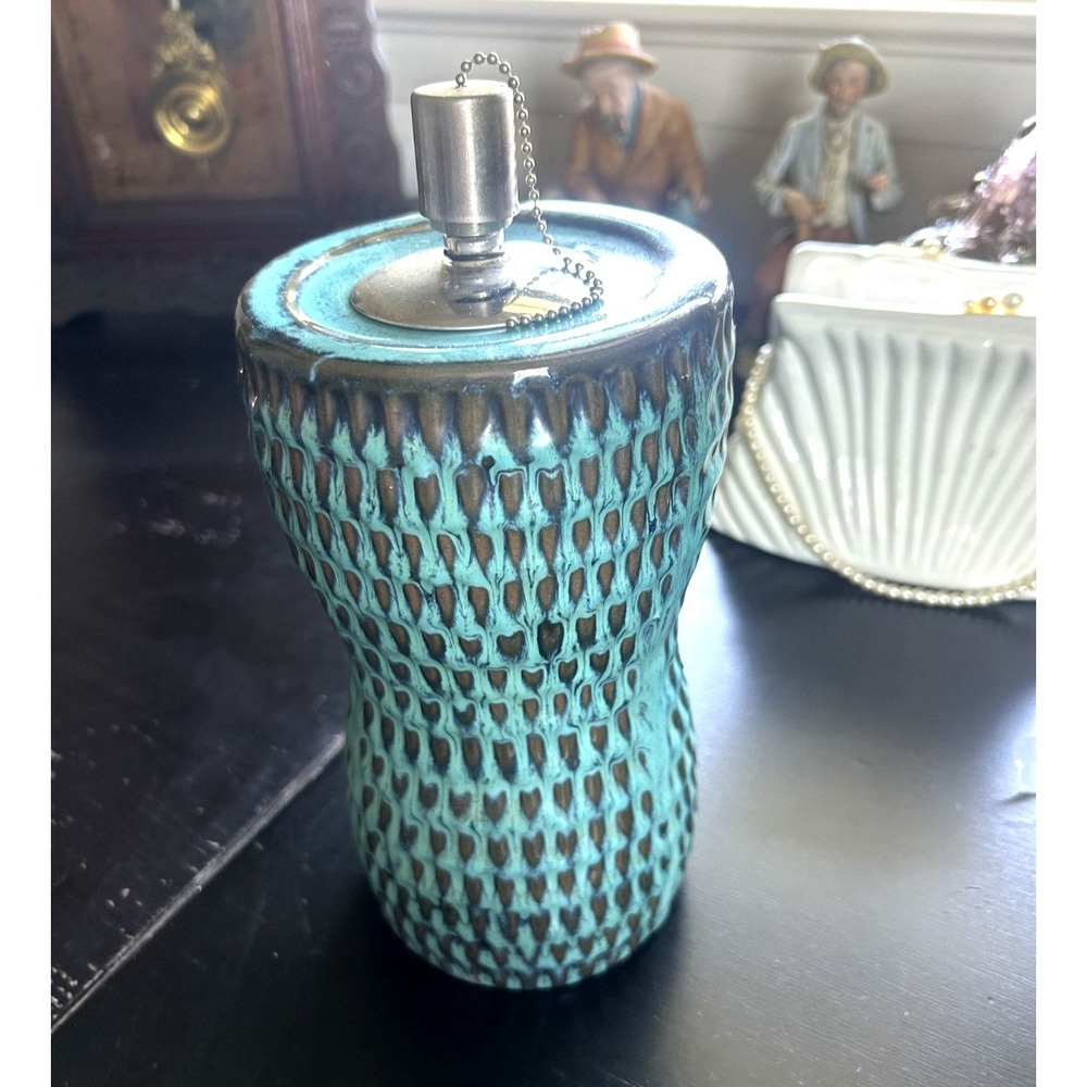 Mid Century Modern Art Pottery Oil Lamp Ceramic Turquoise Brown 10" Wick